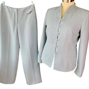NYP Suits Vintage Embroidered Blazer Pantsuit Two Piece Set Size 14 Ash Blue